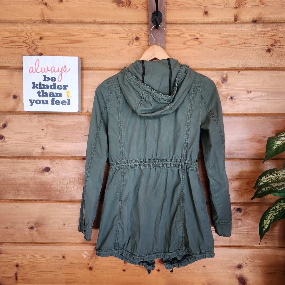 Black Rivet Hooded Military Utility Cargo Jacket Outdoor Green Stretch Zip Sz XS - Picture 5 of 10
